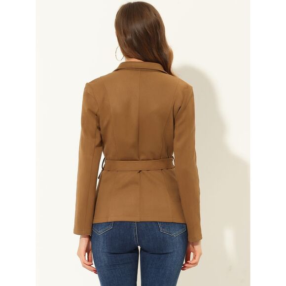 Faux Suede Blazer Belted Lapel Outwear Single Breasted Boho Jacket Brown - Picture 4 of 5